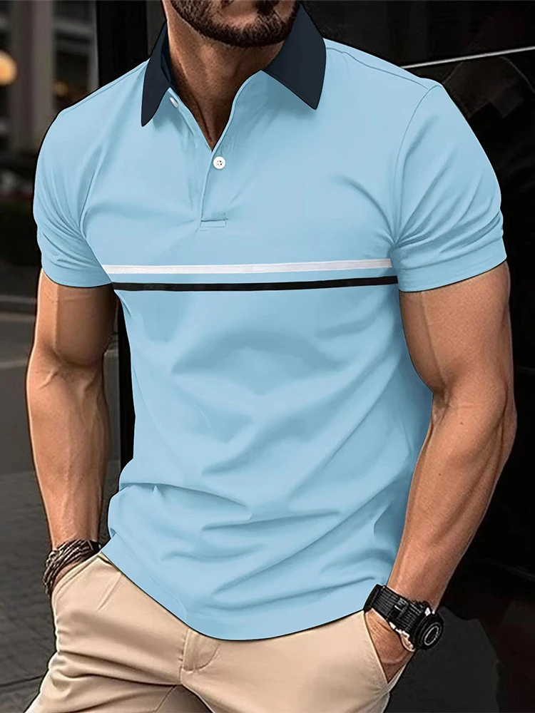

Leisure Polo Shirts Short Sleeve Mens Fashion Patchwork Striped Printed Polo T-shirts Casual Loose Buttoned Lapel Top Men Polos