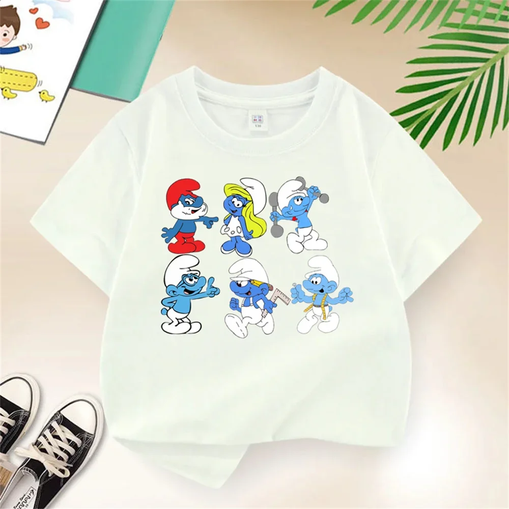 Summer Cotton Baby T-shirt Kids Smurf Cartoon Short Sleeve Boys Girls Clothing Casual Street Creative Short Sleeve Ages 3-12 4