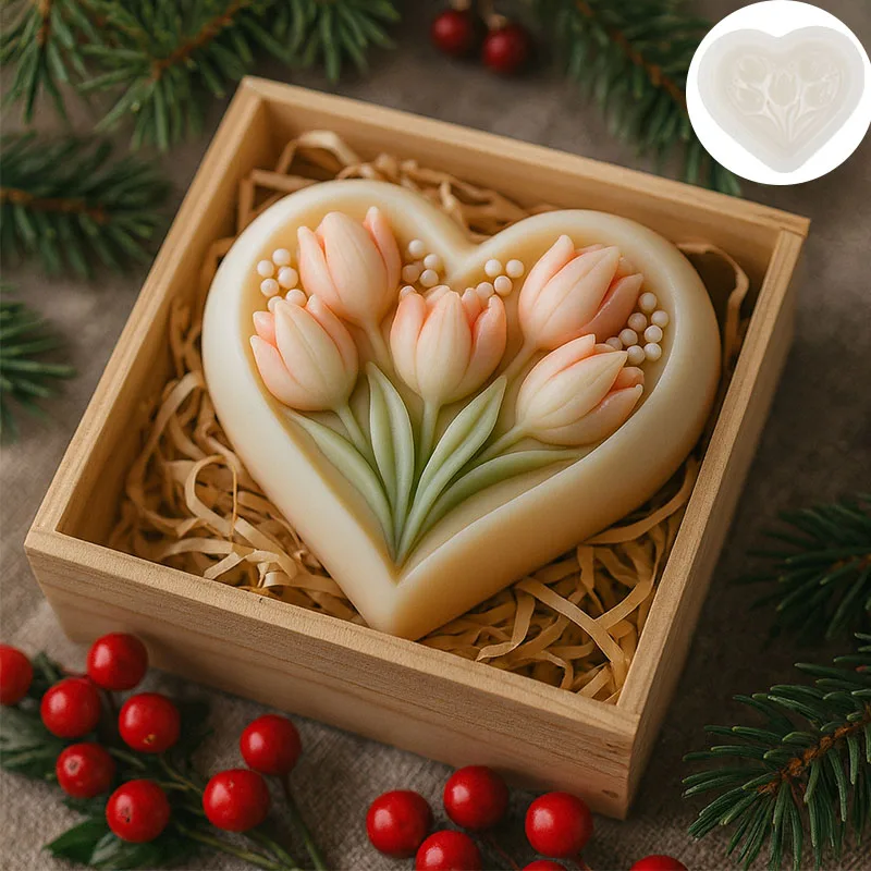 3D heart-shaped tulip silicone mold with clear texture easy to clean and demould for handmade DIY soap decoration ornaments