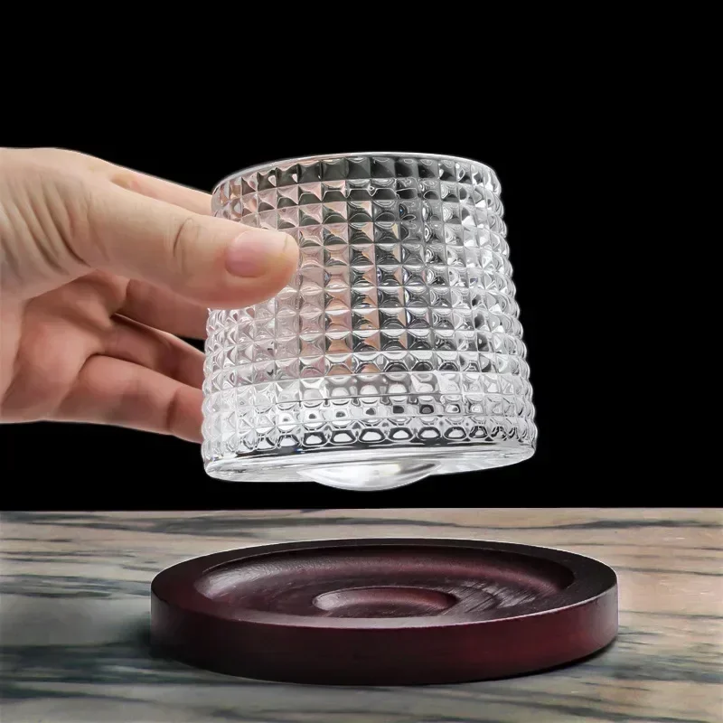 160ML novelty rotatable whiskey glass cup with wooden base for Liquor Scotch Bourbon