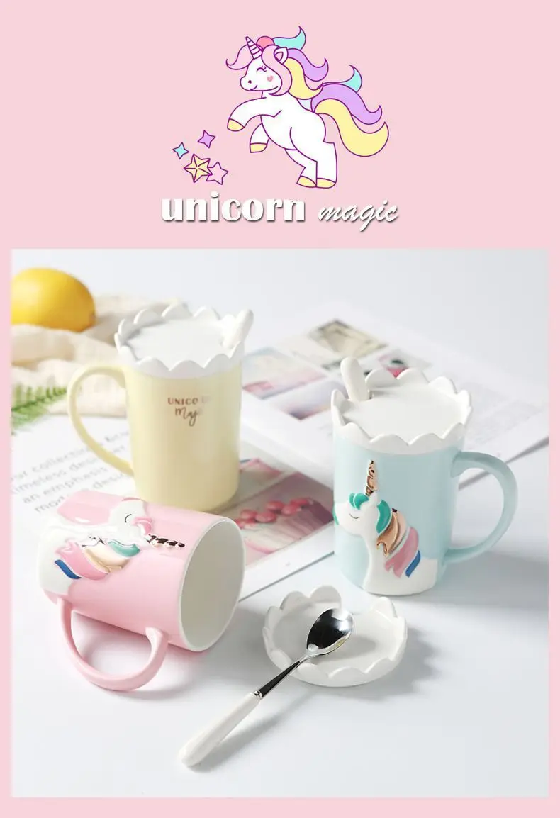 Einhorn Nordic Kaffeetasse, Trinkwasserbecher mit Deckel und Löffel, kreativer Roman, süßes Weihnachtsgeschenk für Frauen, Mädchen, 400 ml – Detail 6
