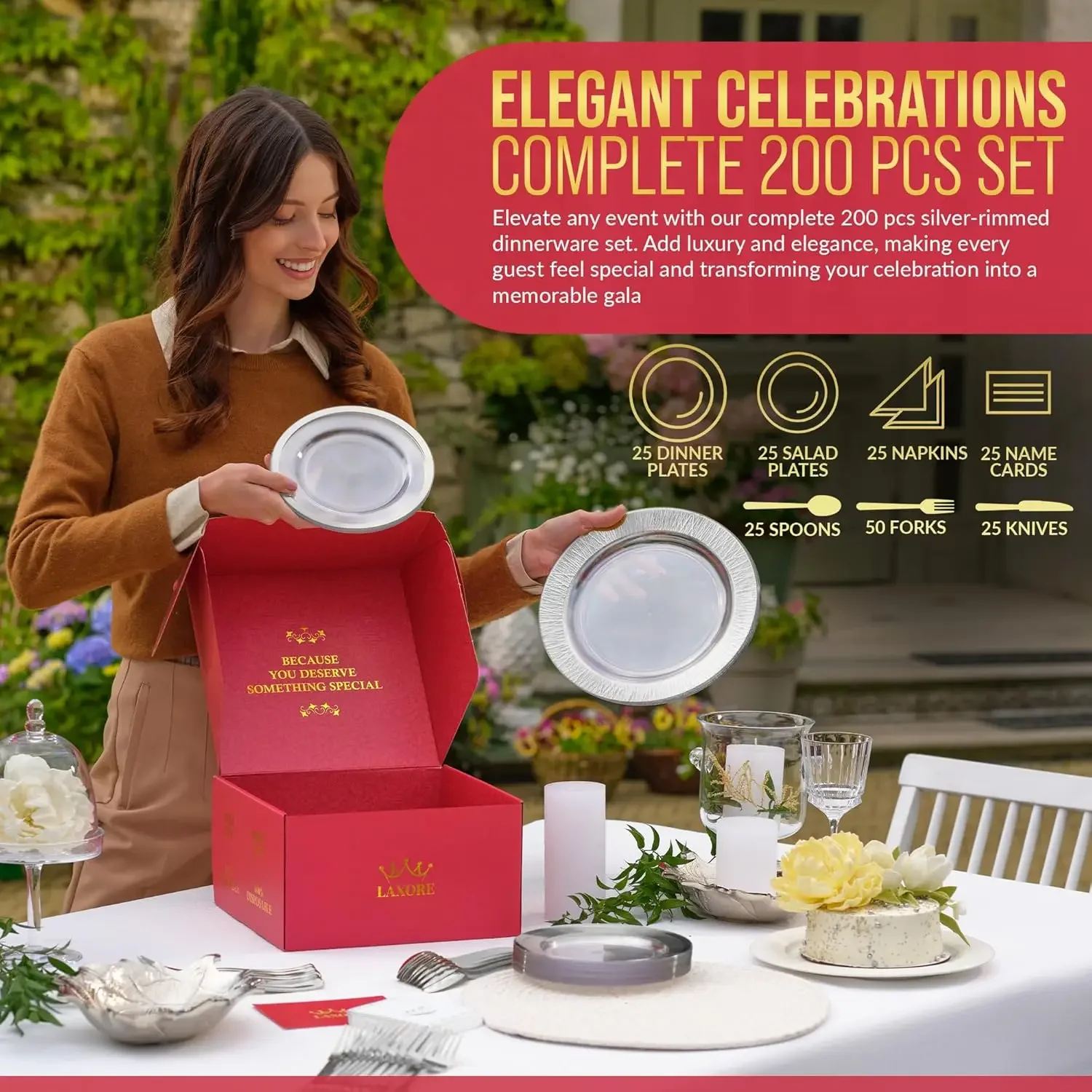200 Pcs Plastic Dinner Plates-Decorative Disposable Plates-Disposable Wedding Plate, Fork, Spoon, Knife, Napkin