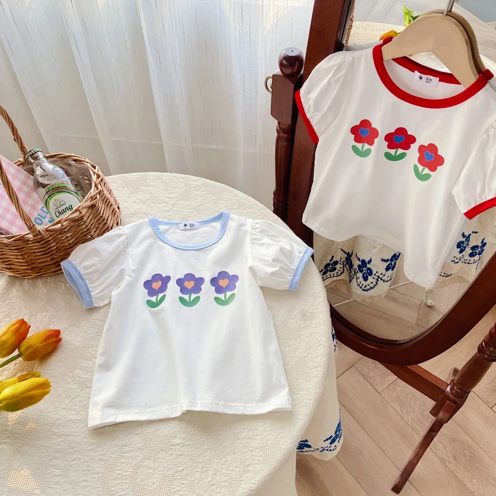 

Children's Wear Summer New Short-sleeved Girls Baby Contrast Color Flower Top Korean Puff Sleeve T-shirt