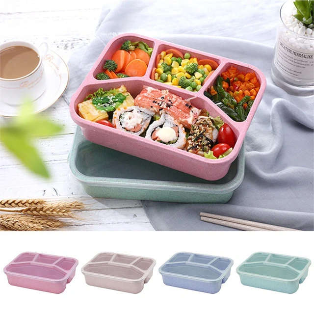 Lunch Box 3 Grid Wheat Straw Bento Transparent Lid Food Container