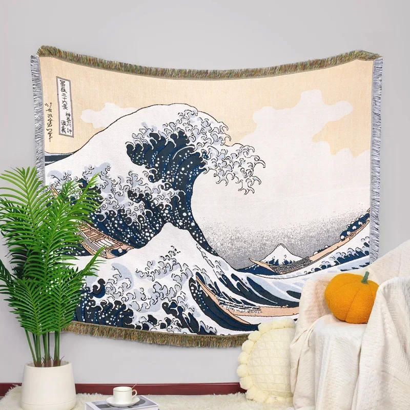 

Art Woven Blanket Sea Wave Printed Blankets for Beds Vintage Outdoor Beach Camping Picnic Mats Cotton Soft Throw Blanket Beach