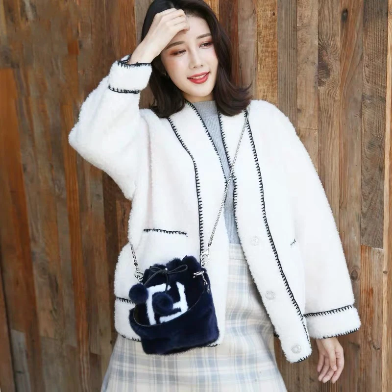 Fashion Women's Fur Bag High Quality Natural Mink Fur Round Bucket Bag Drawstring Closed Winter Shoulder Fur Bag