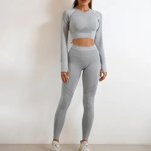 2Pcs Women Autumn Winter Seamless Yoga Set Workout Clothes Long Sleeve Gym Crop Peach Top High Waist Leggings Fitness Sport Suit - Image 15