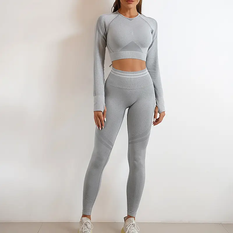 2Pcs Women Autumn Winter Seamless Yoga Set Workout Clothes Long Sleeve Gym Crop Peach Top High Waist Leggings Fitness Sport Suit - Image 15