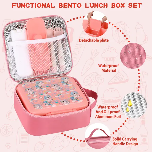 Boîte à déjeuner Bento pour enfants avec pot alimentaire isolé sous vide de 8oz, sac à déjeuner, sac de glace et fourchette et cuillère pliables, anti-fuite 5