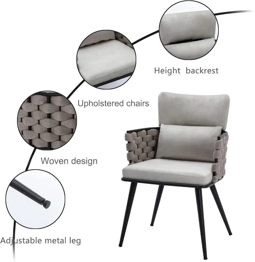 Mid-Century Modern Dining Chairs Set of 2, Handmade Woven Kitchen Chairs, Upholstered Velvet Dining Chairs with Metal Legs for 3