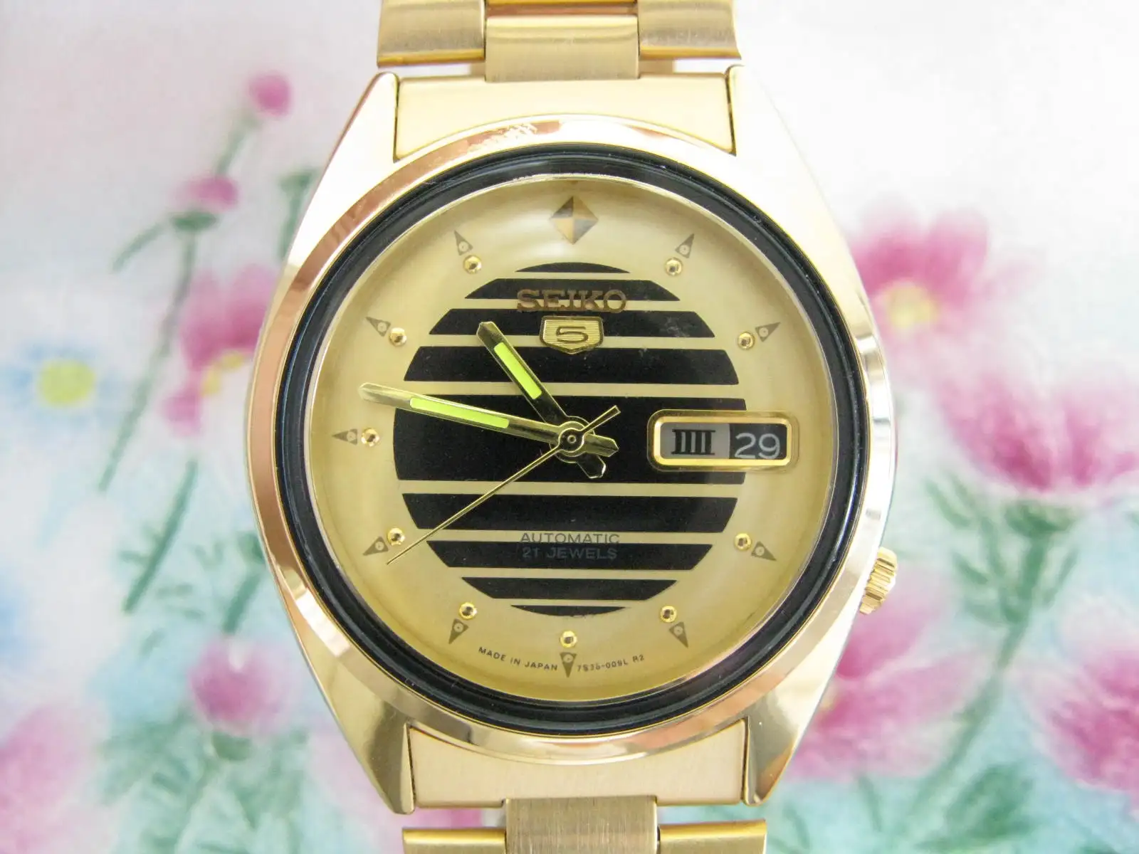 N. 5 Orologio Da Uomo Meccanico Automatico Placcato In Oro "Stile Mediorientale" 7009 Seiko
