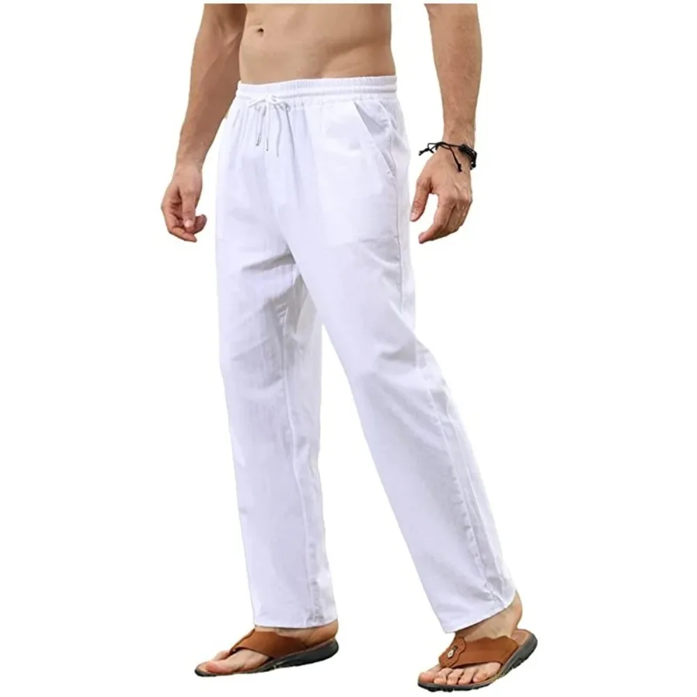 Men's Cotton Linen Pants Basic Versatile Fashion Loose Pants Male Breathable Solid Casual Drawstring Jogger Yoga Baggy Trousers 2