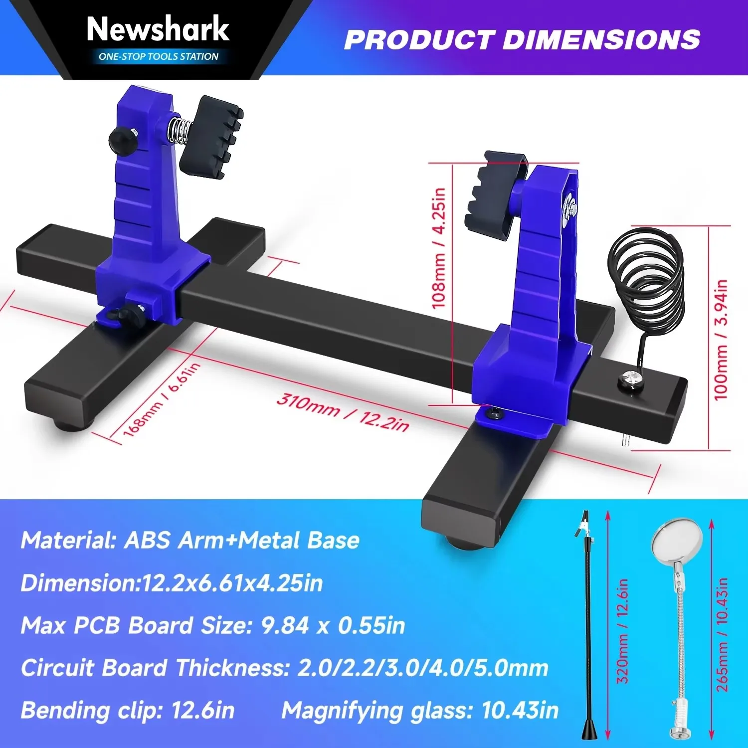 Support rotatif pour soudure et dessoudure avec bras articulé maintenant une carte PCB en angle pour un accès facile.