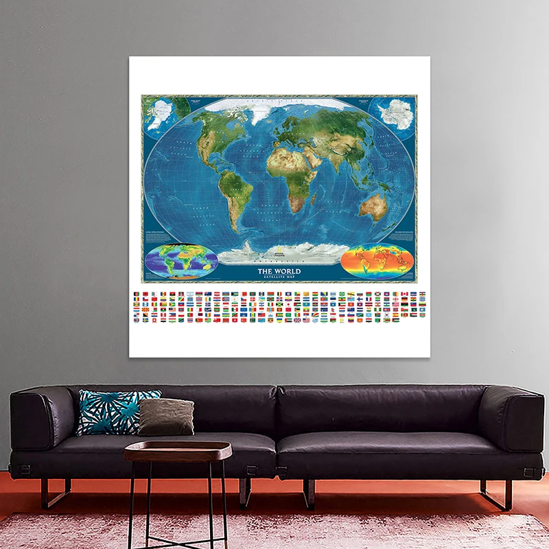 150X150cm Non-woven Spray World Map The World Satellite Map with Country Flag and Surface Temperature