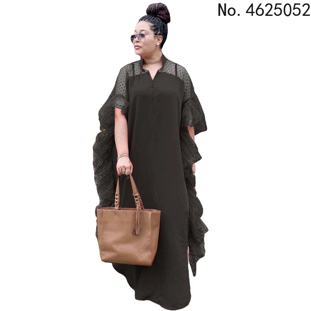 Ruffle Sleeve Plus Size Boubou African Print Polka Dot Mesh Chiffon Dresses 2022 Women Outfits Kaftan Robe Cosplay Costume african fashion designers