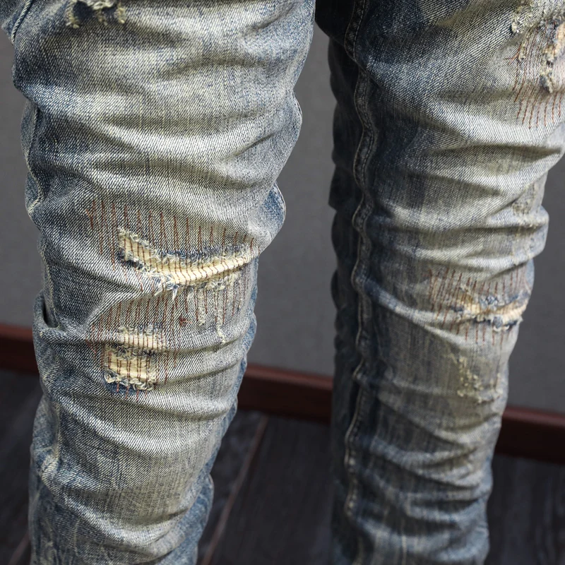 High Street Fashion Men Jeans Retro Washed High Quality Destroyed Patched Ripped Jeans Men Slim Fit Vintage Designer Pants Homme