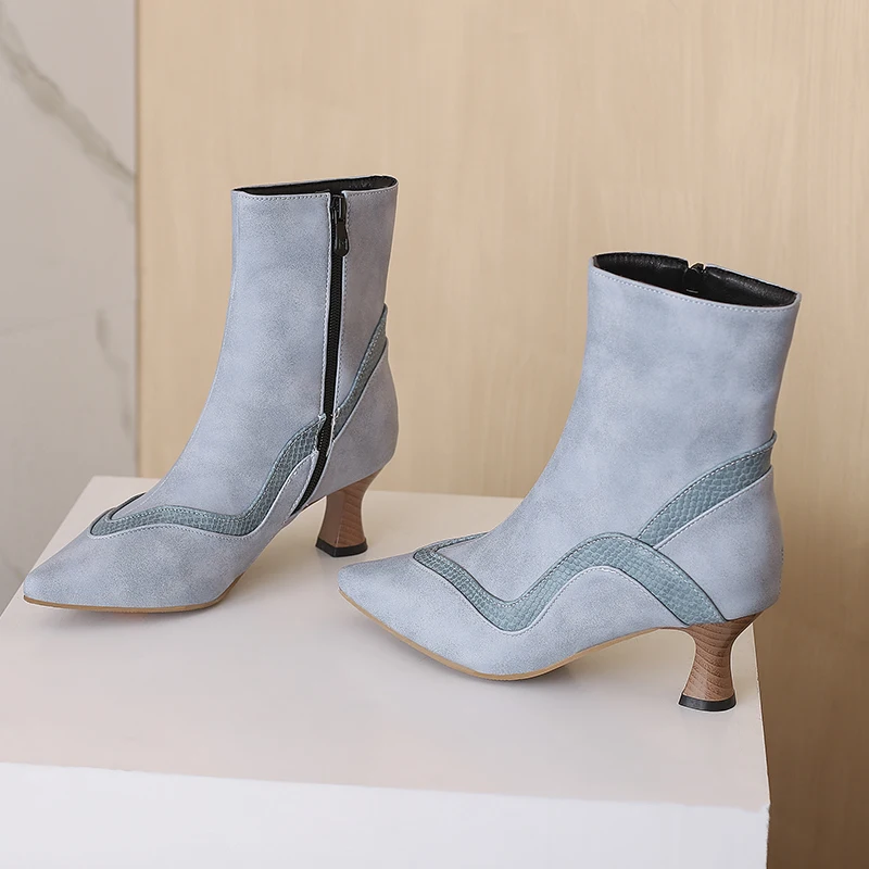 Kcenid Big Size 48 PU Patchwork Pointed Toe Med Heels Shoes Chic Design Concise Autumn Winter Shoes Dress Warm Ankle Boots