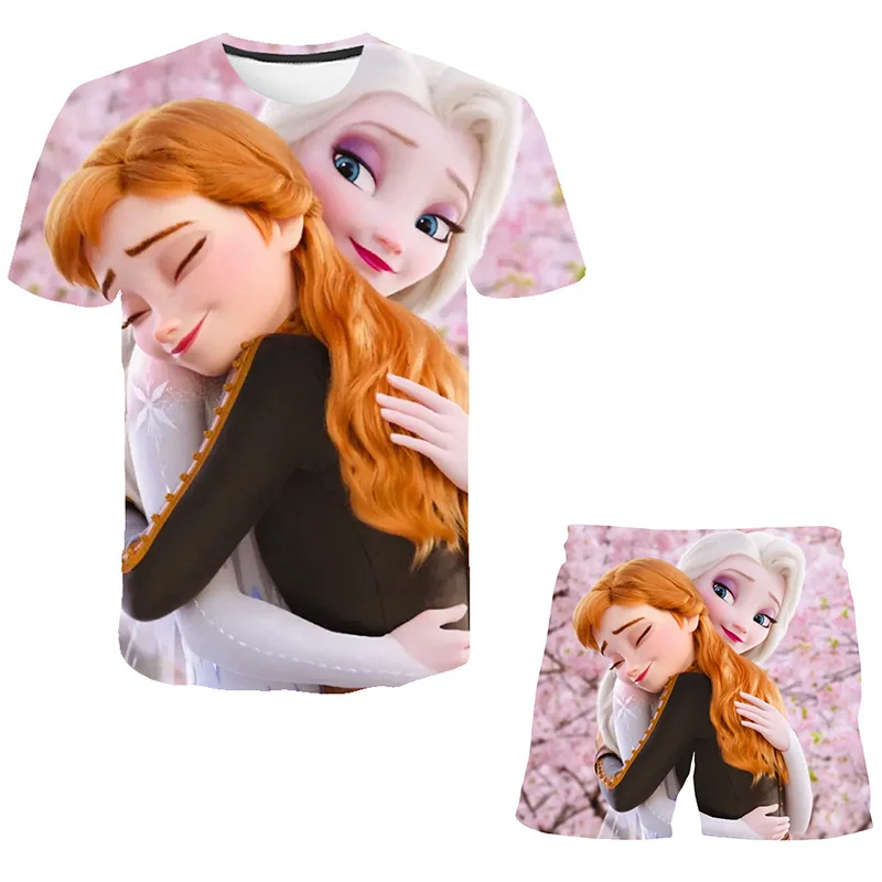 

Disney Cartoon Pretty Girls Frozen Elsa Princess Summer Short Sleeve Tees+Beach Casual Shorts 2Pcs Clothing Set 6M-14T Size