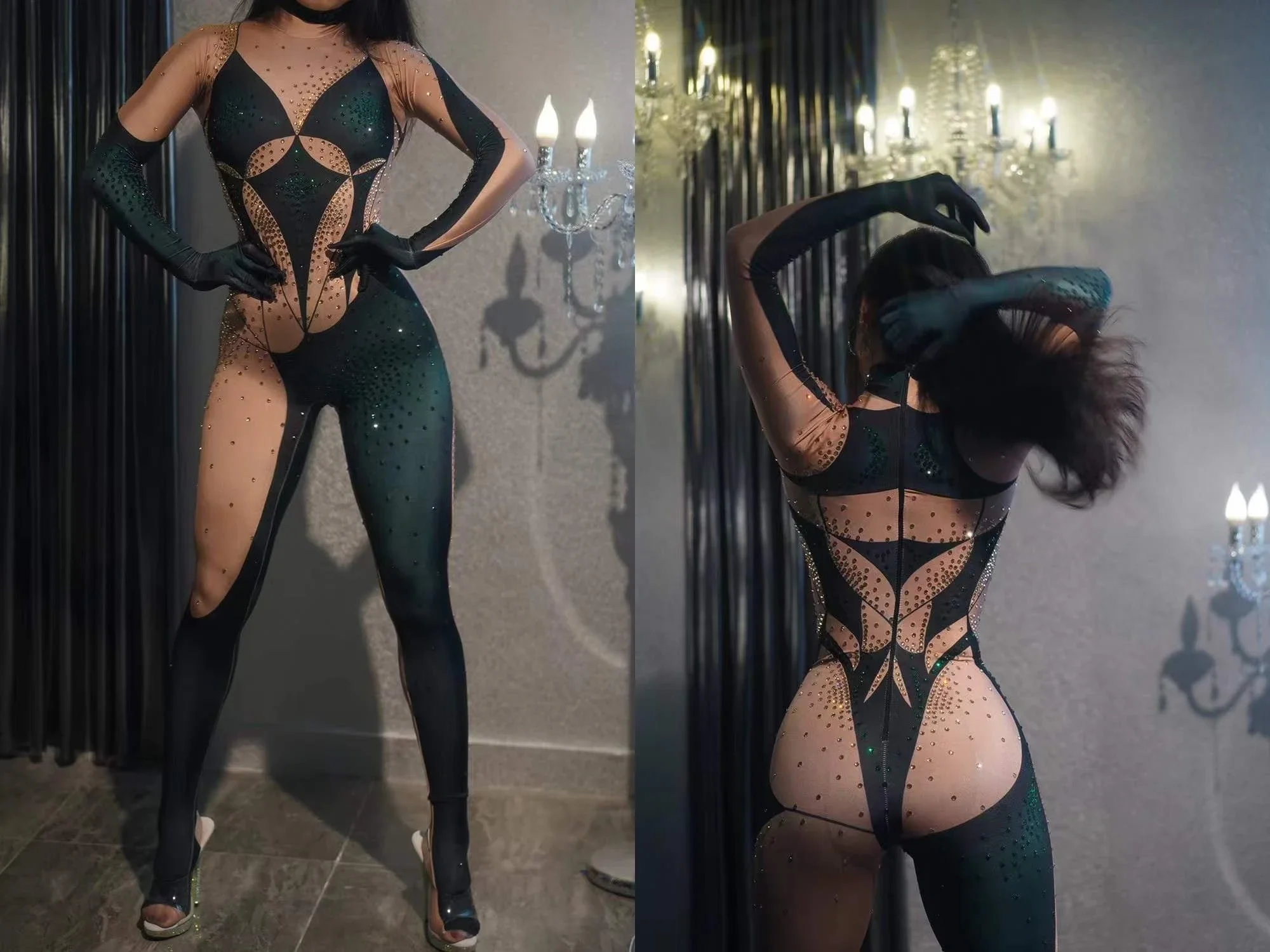 Women Pole Dance Nightclub Stage Wear Performance Rave Festival Drag Queen Romper Rhinestone Jumpsuits