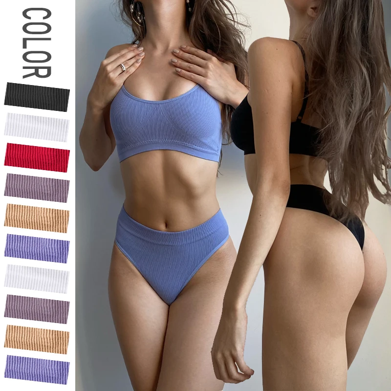 Women Seamless Bra Set Sexy G-String Thongs Stretch Sport Bras Adjustable Tank Top Female Solid Color Soft Intimates_voghion.com