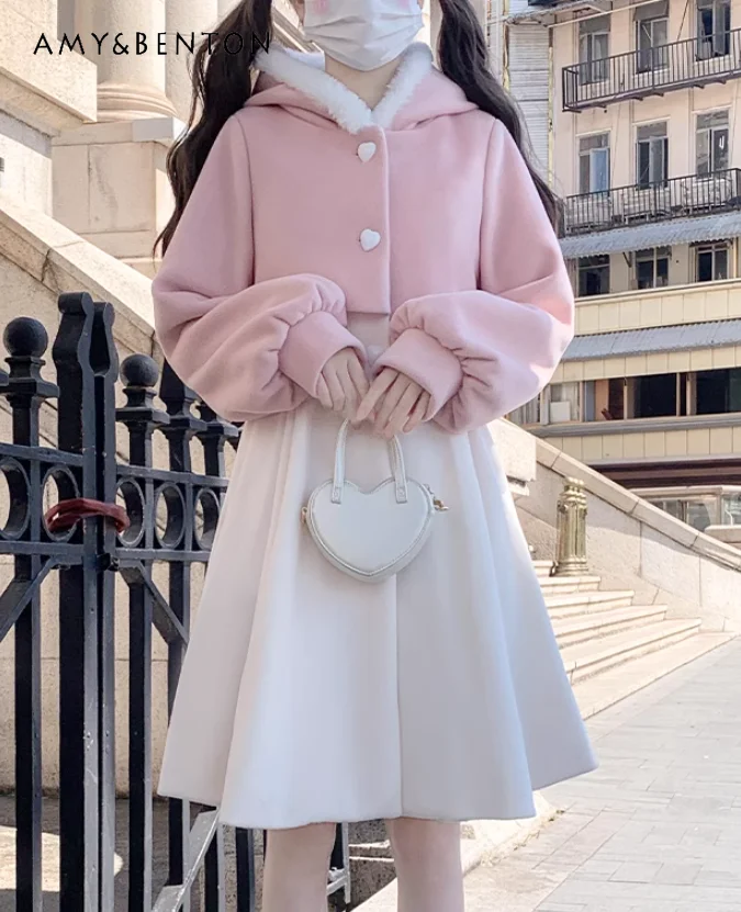 

Пальто в стиле "лолита", женская зимняя куртка, милые пальто с рукавами-фонариками и меховым воротником и капюшоном, милое розово-белое шерстяное пальто сочетающихся цветов