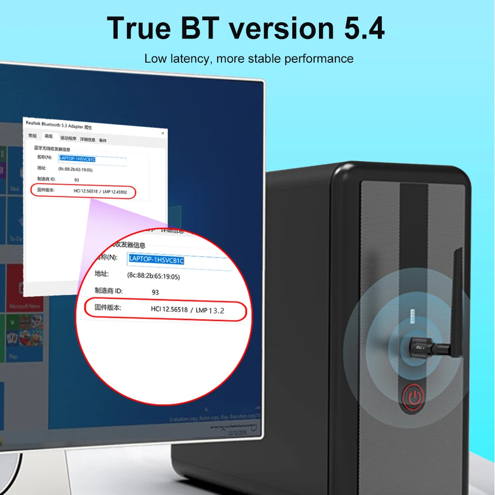 USB 블루투스 호환 5.4 어댑터, 150M 무선 동글 드라이버 프리 지원, PC 무선 마우스 키보드용 윈도우 11, 10, 8/7