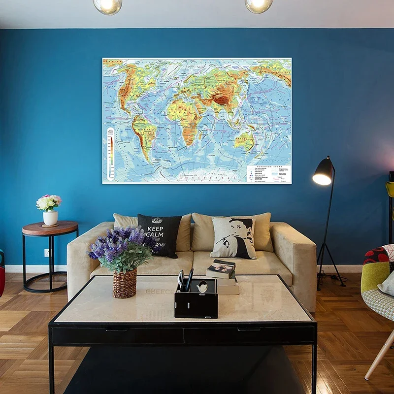 225*150cm Russian Map of The World Wall Sticker Classic Edition World Wall Maps Canvas Wallpapers Vintage Decor Travel Gift