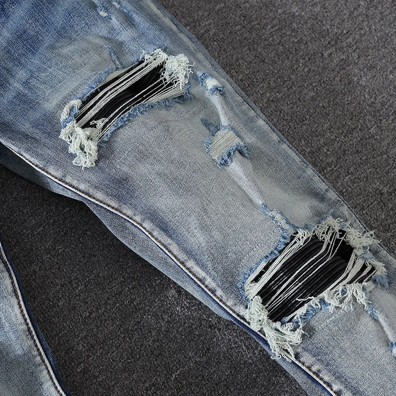 High Street Trend Fashion Elastic Slim Fit New Light Blue Men's Jeans Water Washed Nostalgic Hole Black Patch Hip Hop Brand Pant