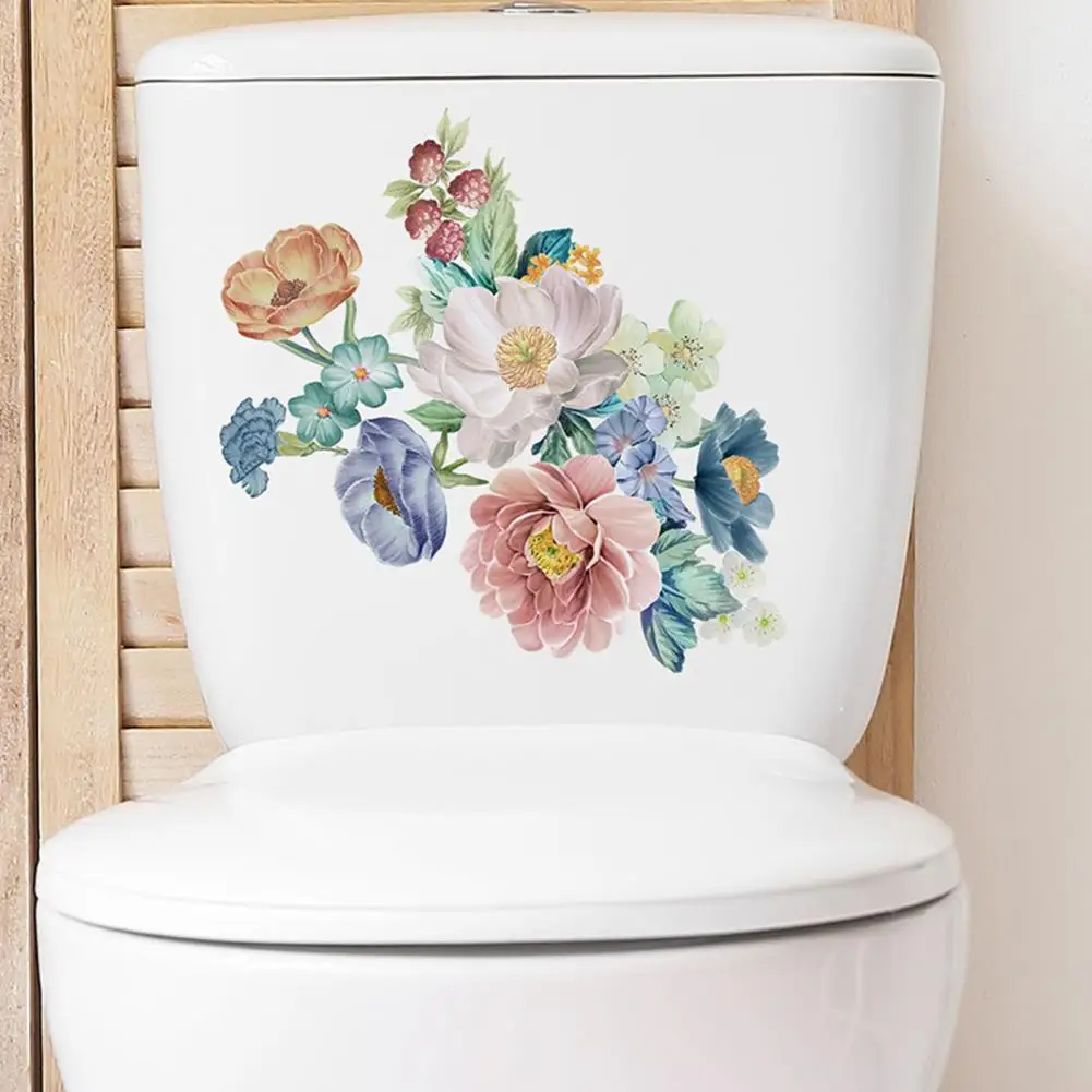 

Removable Toilet Decal Vibrant Floral Toilet Decal Colorful Flower Toilet Stickers Easy-to-install for Home for Toilet