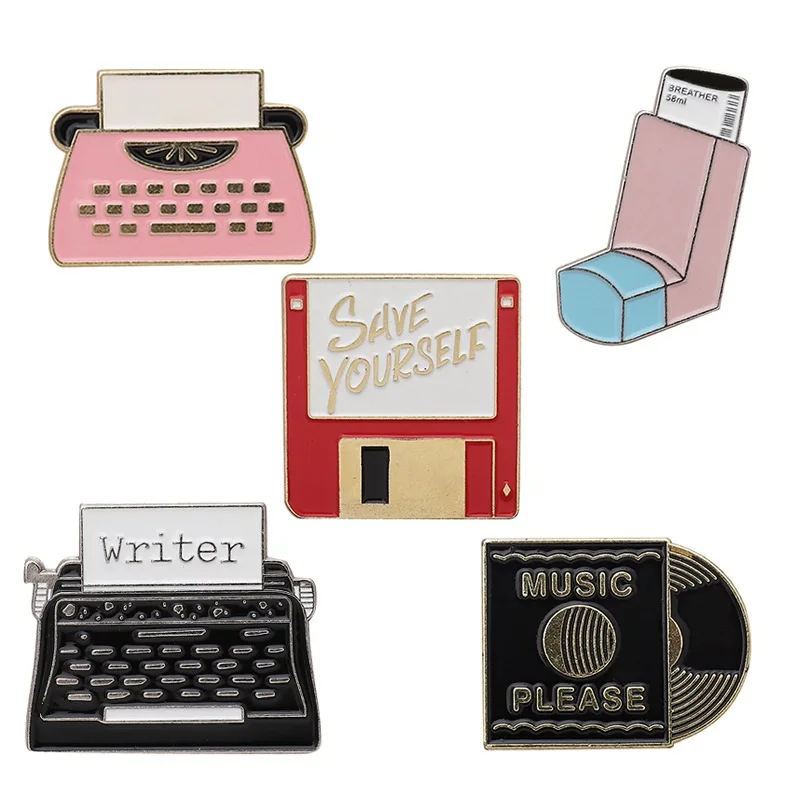 Фото USB карта памяти, виниловая запись, электронная машинка для письма, мультяшный женский мужской джинсовый пиджак с лацканами, Значки для рюкзака, Детская мода №5