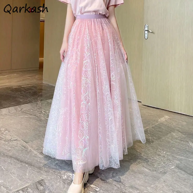

Print Long Skirts Women A-line Gauze Baggy Sweet Princess Harajuku Temper Aesthetics Vintage Gentle High Waist Faldas Elegant