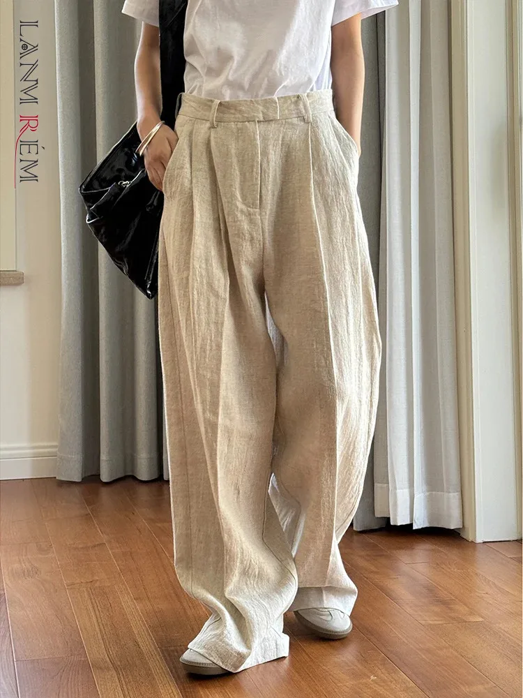 [LANMREM] Minimalism Linen Sunscreen Pants For Women High Waist Straight Wide Leg Trousers Office Lady 2024 Summer New 26D9337