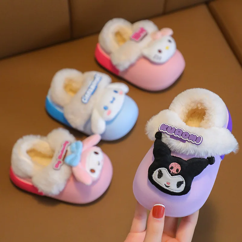 

Kawaii Sanrio Kuromi Cinnmoroll зимние теплые тапочки Детская Хлопковая обувь Симпатичные тапочки для девочек для улицы