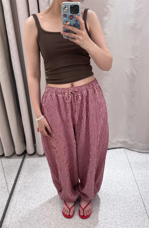 Women's Long Pants 2026 Summer New Style Red Plaid Drawstring Lantern Pants Long Pants Beach Vacation Casual Fashion