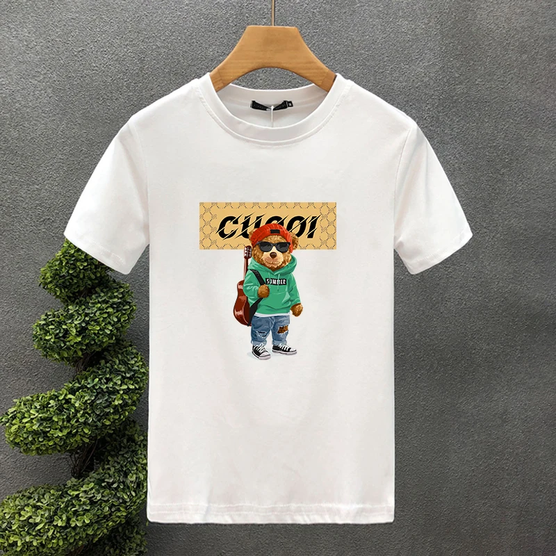 Guitar Bear Brand100% Cotton High Quality Print Couple Tees Summer Haruku For Men/Women Short Sleeve T-shirt Asian Size_voghion.com