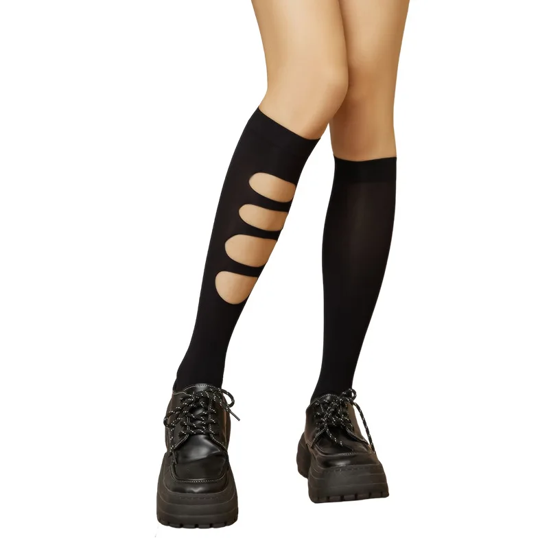 Spring and summer thin personality asymmetrical unilateral hole black and white calf socks Personality velvet girl socks