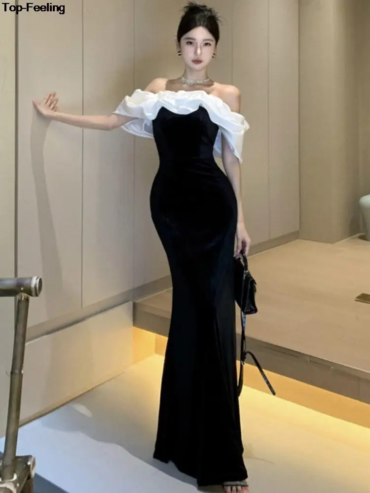 

Fashion Ruffles Evening Party Long Dress Sexy Off Shoulder Mermaid Velvet Vestidos Women Summer Elegant Slim Patchwork Robe