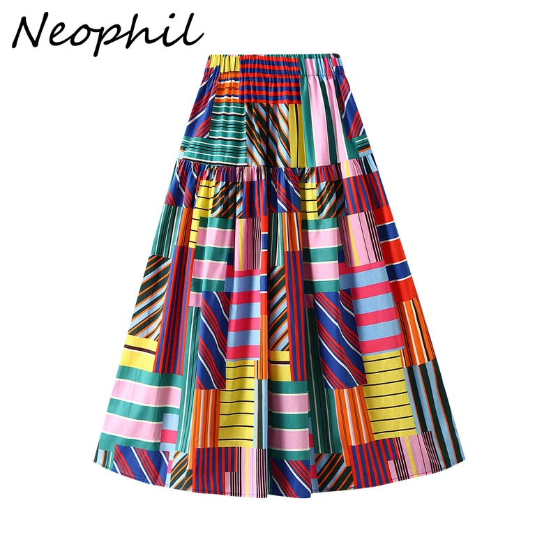 Neophil Women Fashion Print Long Skirt Geometric Floral Pattern Summer Colorful Vacation  A-Line Female Flare High Waist Skirt [fila]active geometric pattern men brief pick 1