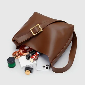 مجموعة حقيبة يد جلدية كلاسيكية بلون سادة، حقيبة يد نسائية بسيطة، حقيبة كتف من الجلد الصناعي، حزام قابل للتعديل 5