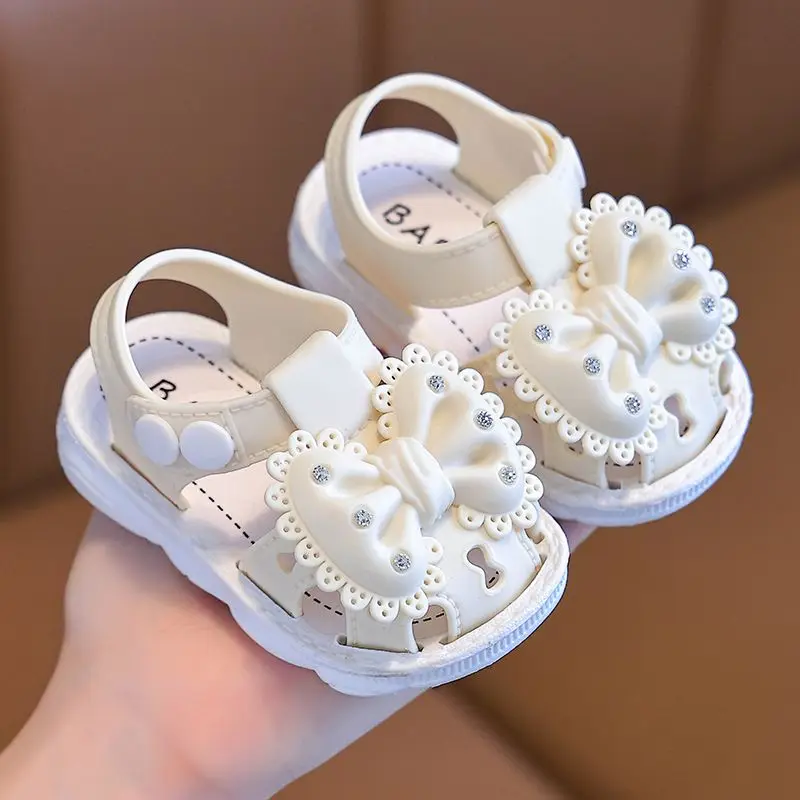 0-3 Cute Bow Rhinestone Baby Shoes For Girls Non-Slip Soft-Soled Children Toddler Kids Sandals With Covered Toes