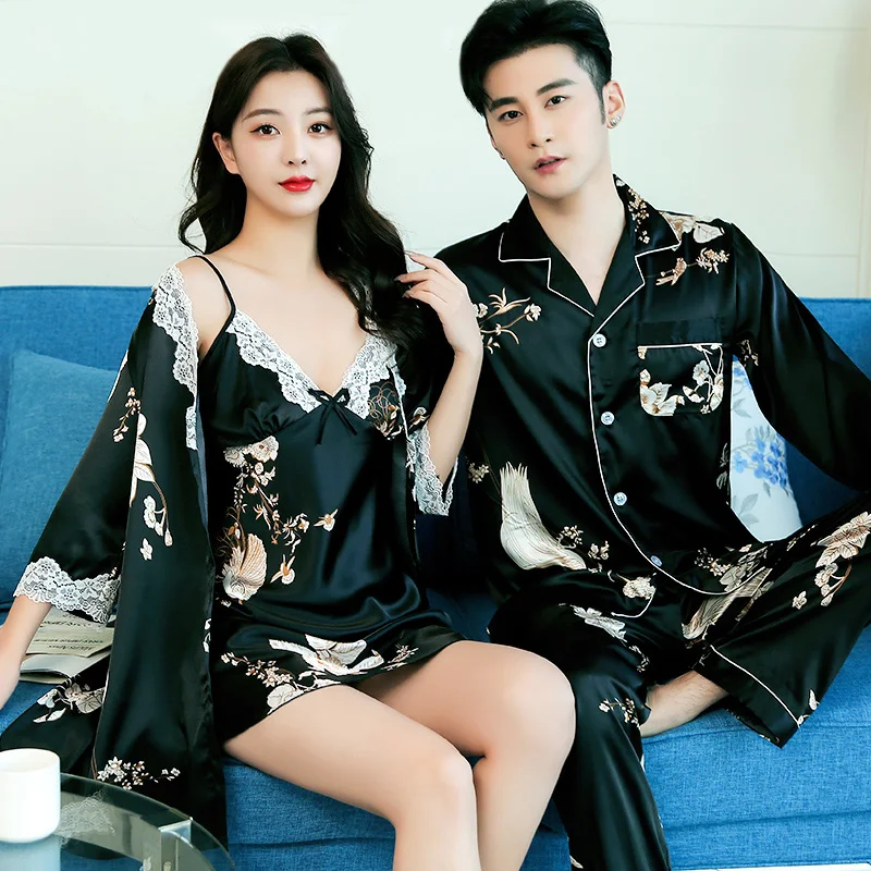 2024 new couple ice silk pajamas spring long-sleeved men's trousers silk pajamas women's bathrobes suspenders home clothes