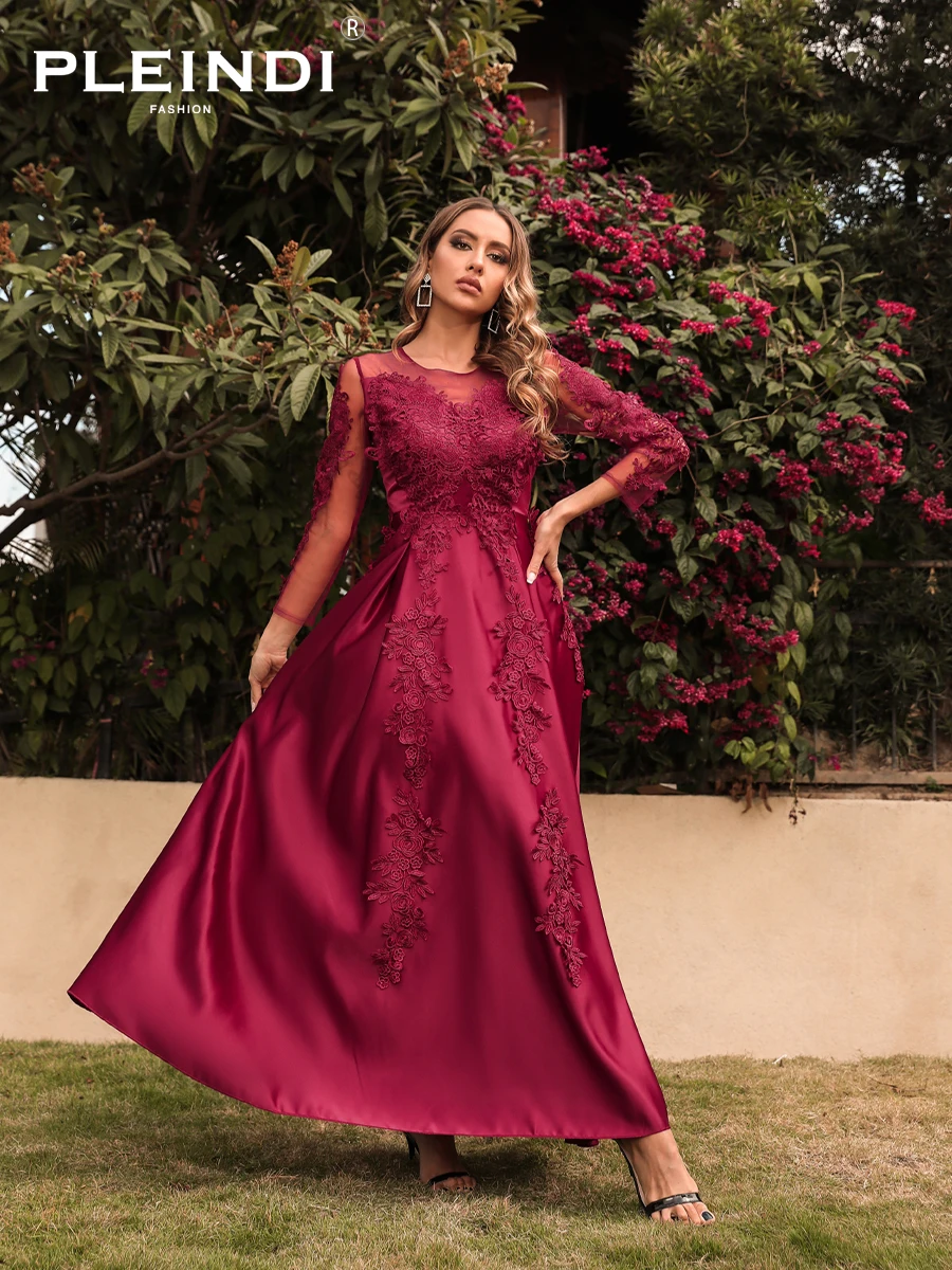 PLEINDI Vintage Evening Dresses Party Women Dress Wedding Long Sleeve O-Neck 2022 New Elegant Lace Corduroy Burgundy Red Prom
