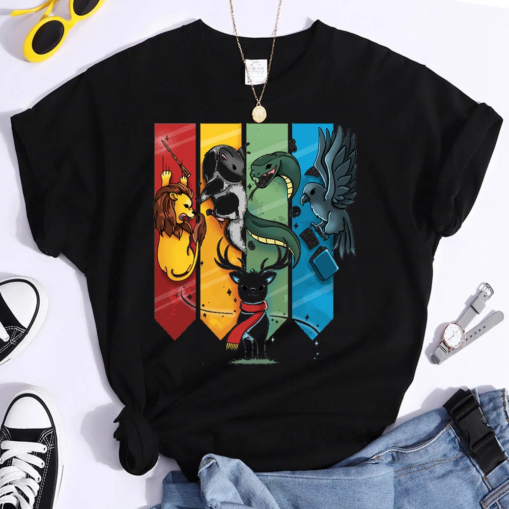 thumbnail image 1 of Camiseta de manga corta con estampado de animales mágicos para mujer, Camisetas estampadas de Hogwarts, ropa informal de verano, 1 of 4