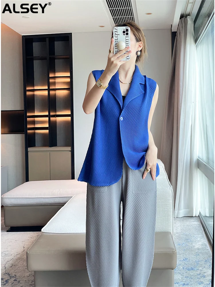 

ALSEY Miyake Pleated Suit Lapel Solid Color Design Fashion Vest Jacket Summer New Korean Commuting Versatile Slim Outer Top