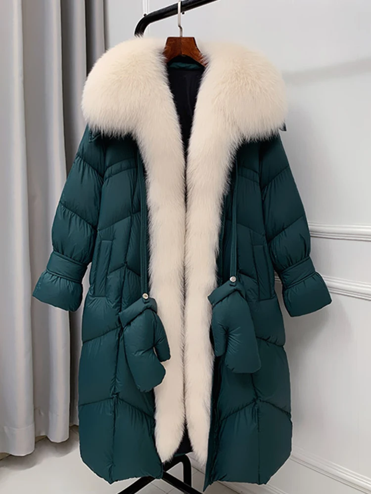 

Женское пальто с гусиным пухом, длинная теплая куртка-пуховик с воротником из натурального Лисьего меха, толстая верхняя одежда, новинка зимы 2024