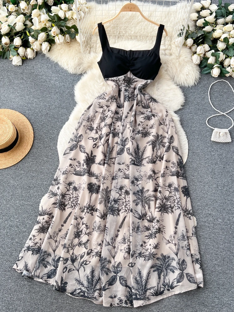 

Women Vintage Floral Dress Summer Slim A-line Sleeveless Elegant Party Dresses Ladies Casual Korean Long Robe Vestidos