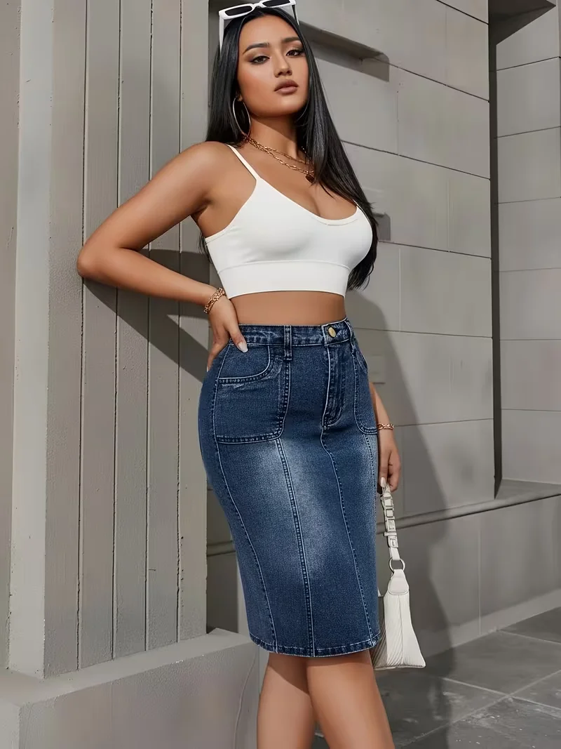 Women's Simple Basic Denim Skirt, High-Waisted, Tummy-Tucking, Butt-Lifting, Slimming, Height-Enhancing, Fashionable and Versatile for All Seasons, Bodycon Skirt 5