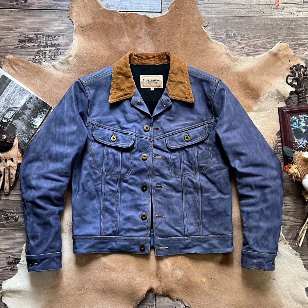 

no painted blue dye leather cow leather cowhide jacket short cow leather coat