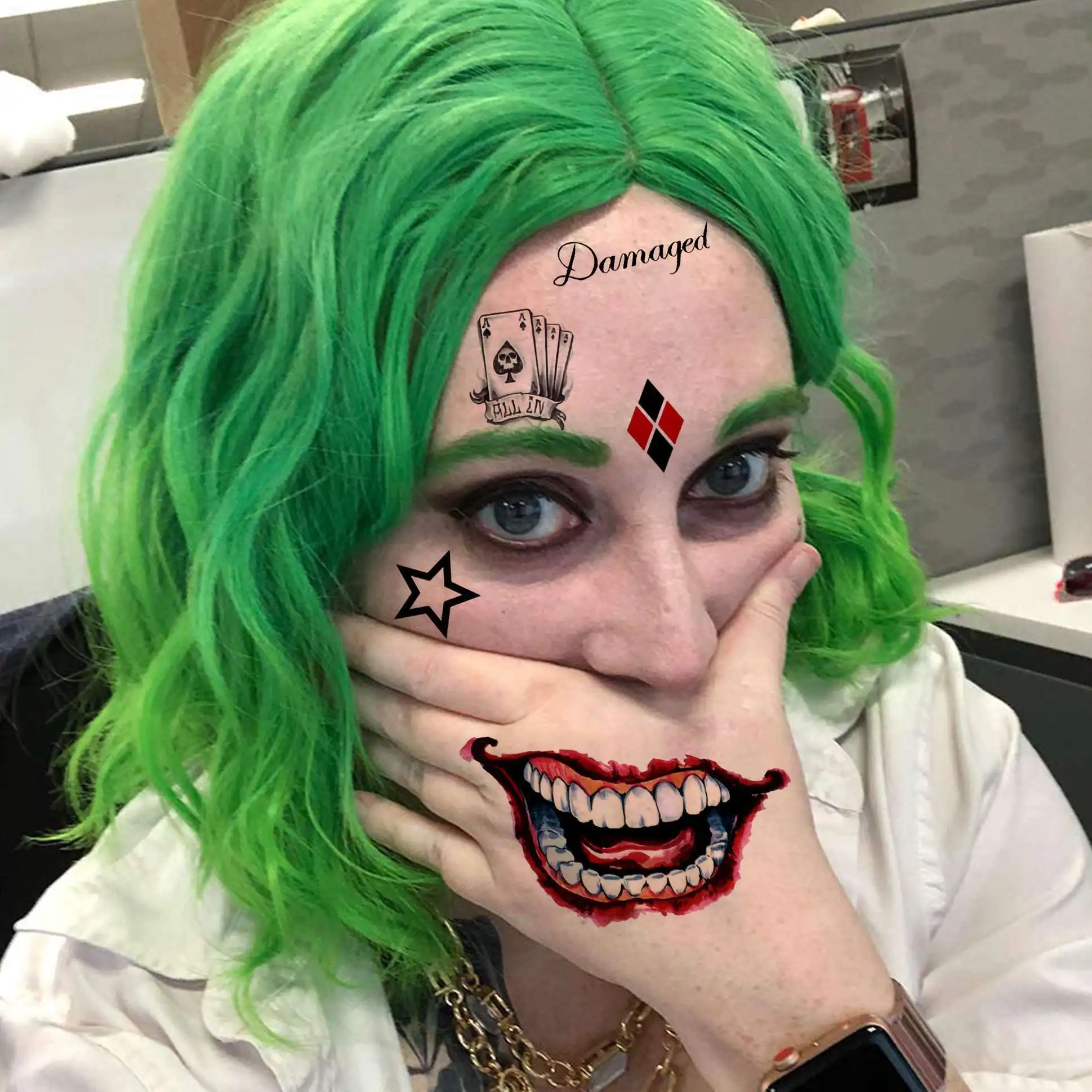 5 Blatt HAHA Joker Temporäre Tattoos für Männer Frauen Erwachsene Halloween Kostüm Körper Aufkleber Big Mouth Fake Tattoo Aufkleber – Detail 1