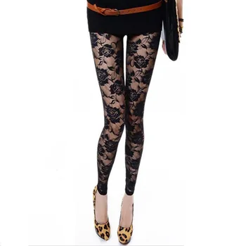 New Retro Sexy Net yarn Lady Rose Lace Elegant Through Leggings Pants Footless Black White Women Summer Skinny Nine Pants 1